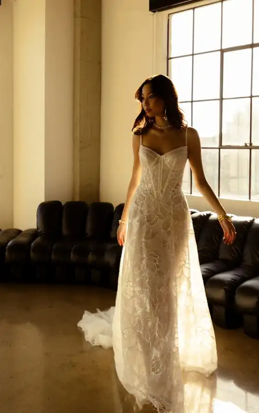 Glamorous Boho Sparkling Lace A-Line Wedding Dress with Spaghetti Straps, HATTIE, by All Who Wander