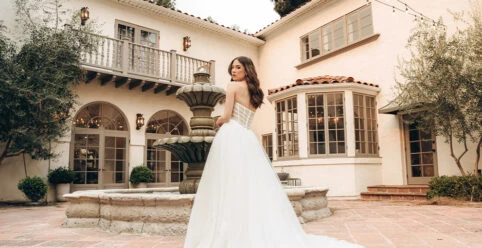 Bride wearing strapless ballgown wedding dress