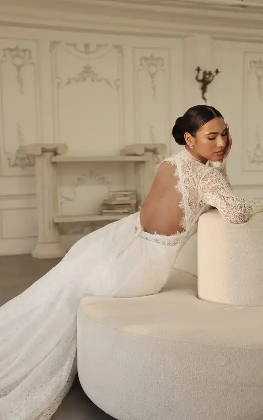 Vintage Lace High Neckline Open Back Fit-and-Flare Wedding Dress with Sleeves, ML1906, by Martina Liana