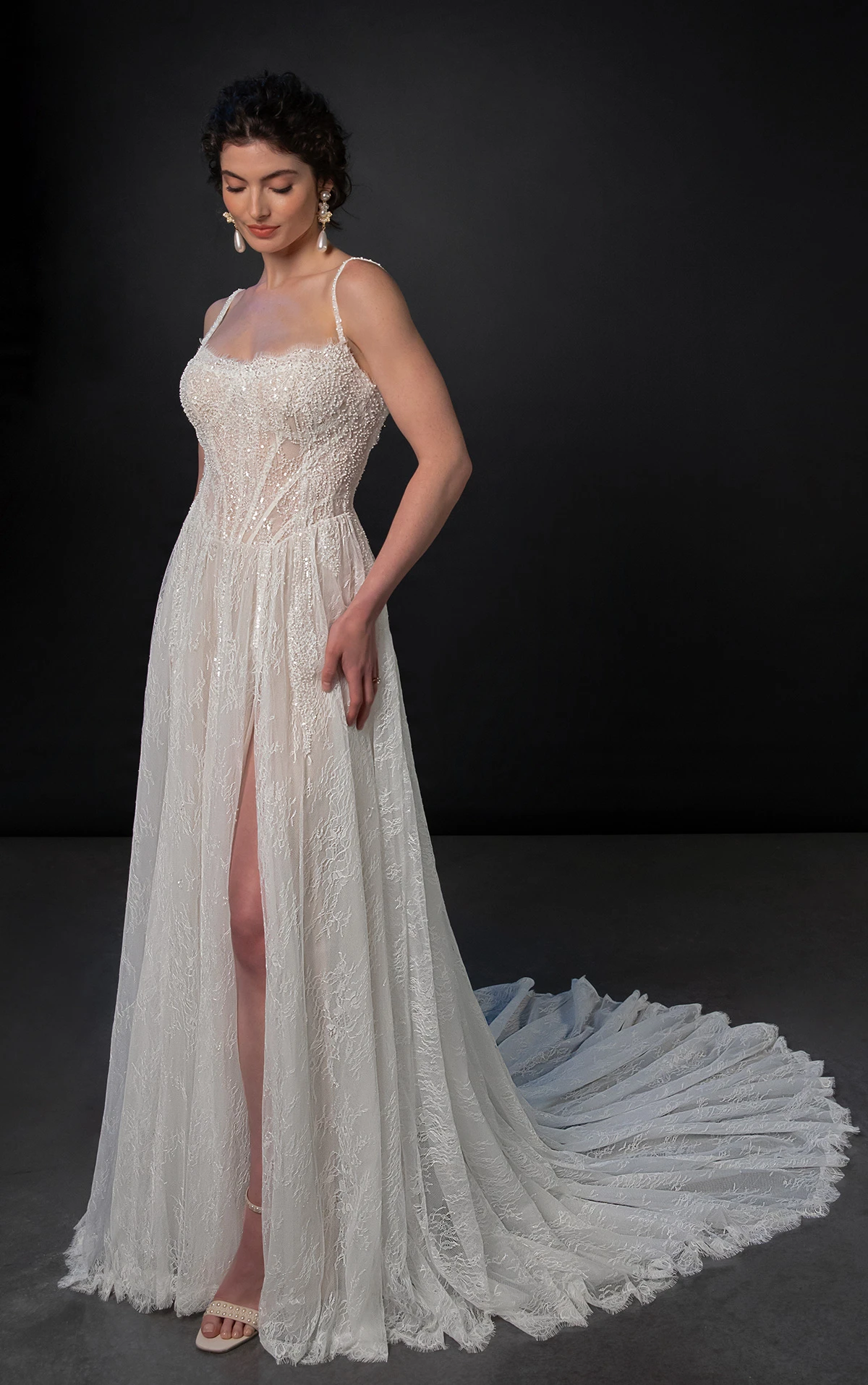 ml1945 Beaded Chantilly Lace A-Line Wedding Dress with High-Leg Slit by Martina Liana