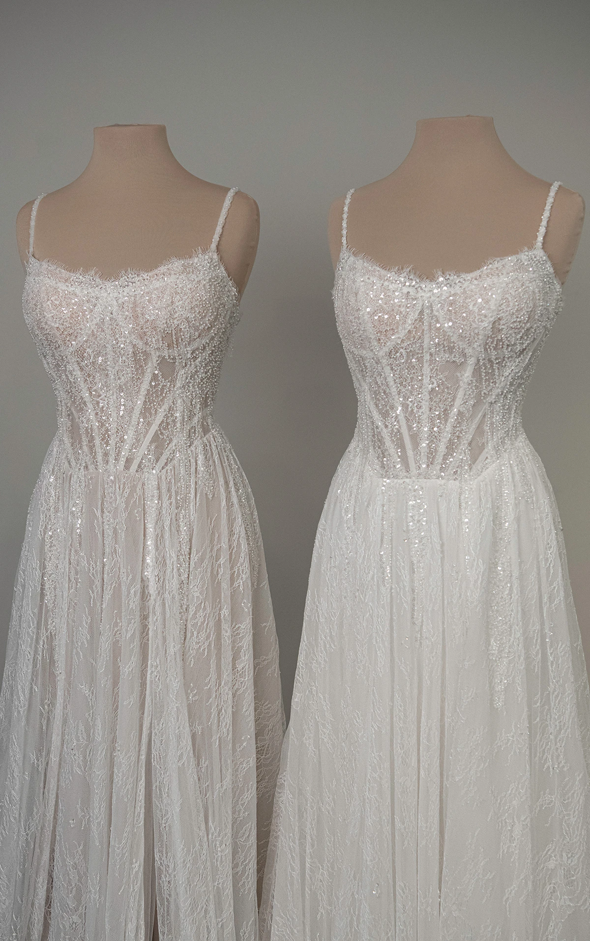 ml1945 Beaded Chantilly Lace A-Line Wedding Dress with High-Leg Slit by Martina Liana