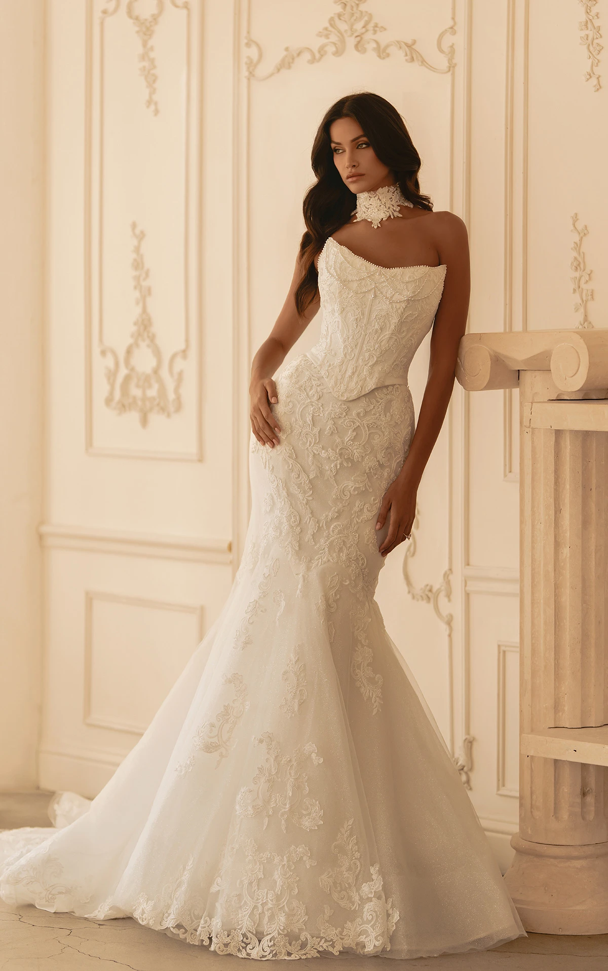 ml1950 Cat-Eye Beaded Trumpet Wedding Dress with Faux Two-Piece Design by Martina Liana