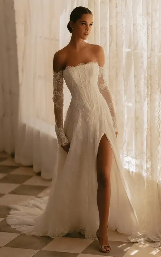 Strapless Lace A-Line Wedding Dress with Basque Waist and Detachable Sleeves, ML1954, by Martina Liana