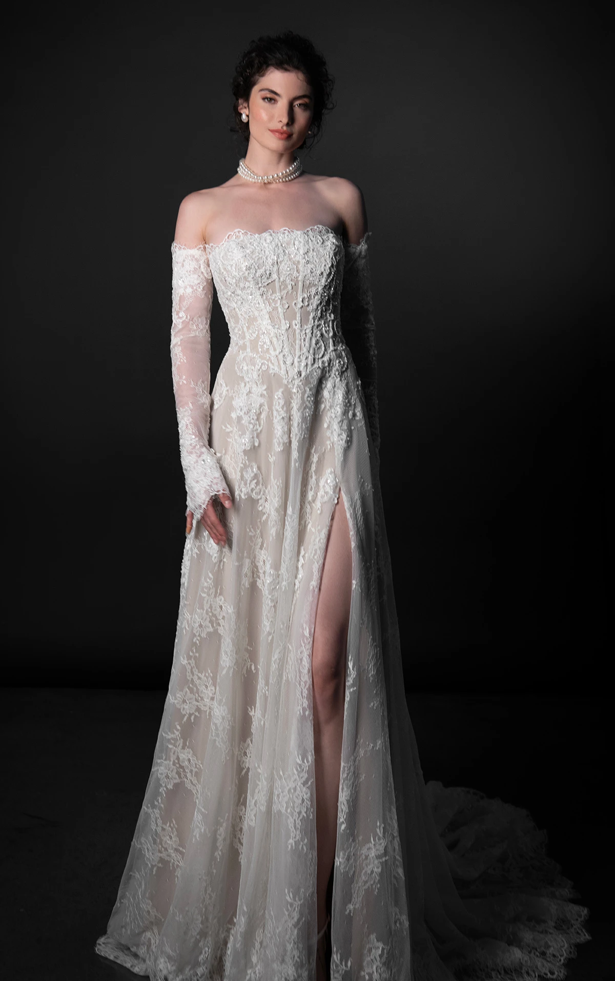 ml1954 Strapless Lace A-Line Wedding Dress with Basque Waist and Detachable Sleeves by Martina Liana