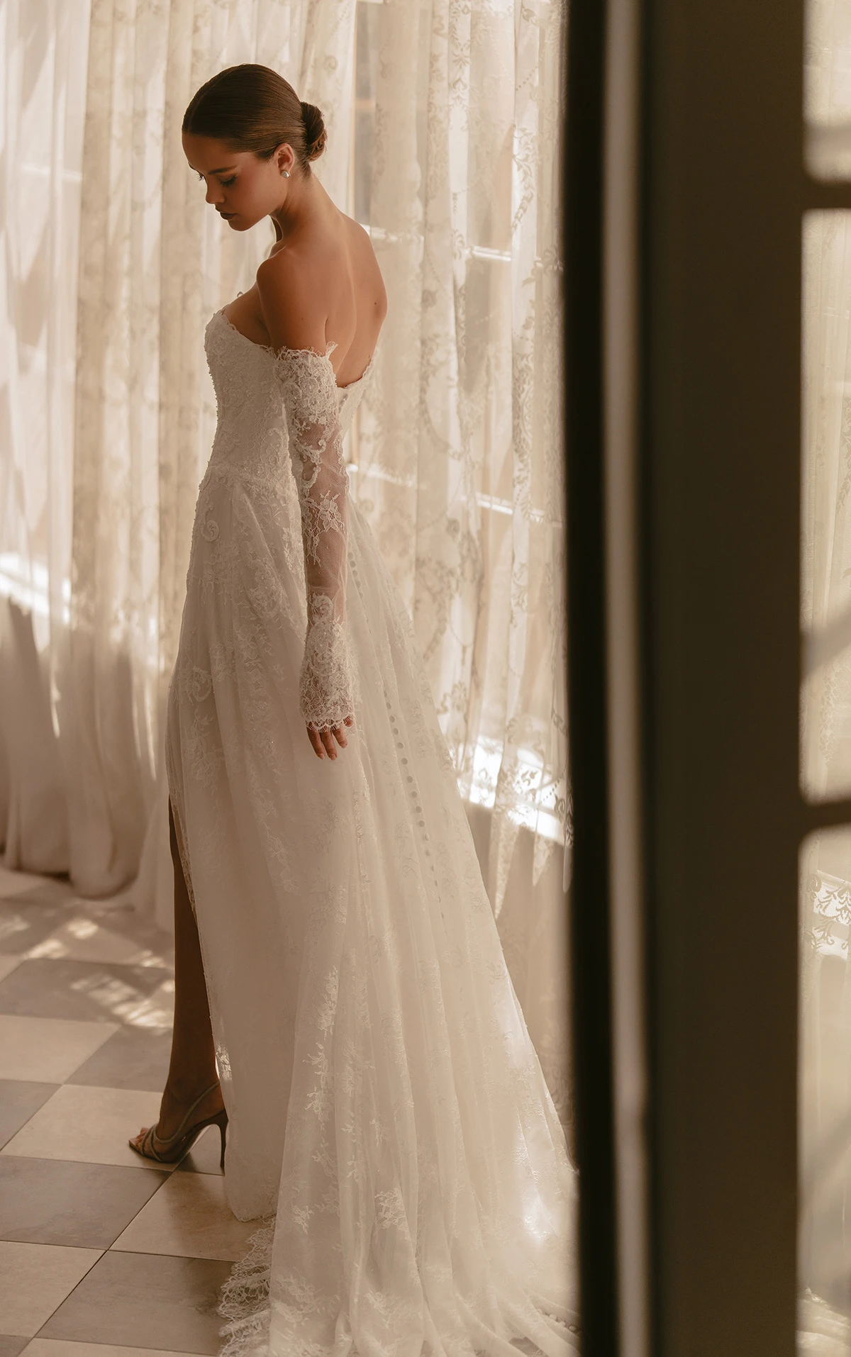 ml1954 Strapless Lace A-Line Wedding Dress with Basque Waist and Detachable Sleeves by Martina Liana