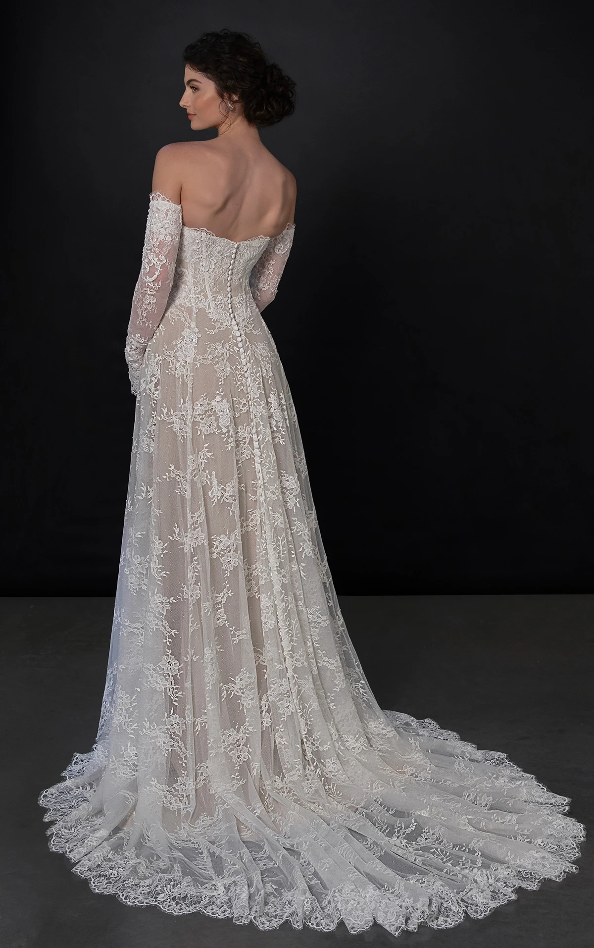 ml1954 Strapless Lace A-Line Wedding Dress with Basque Waist and Detachable Sleeves by Martina Liana