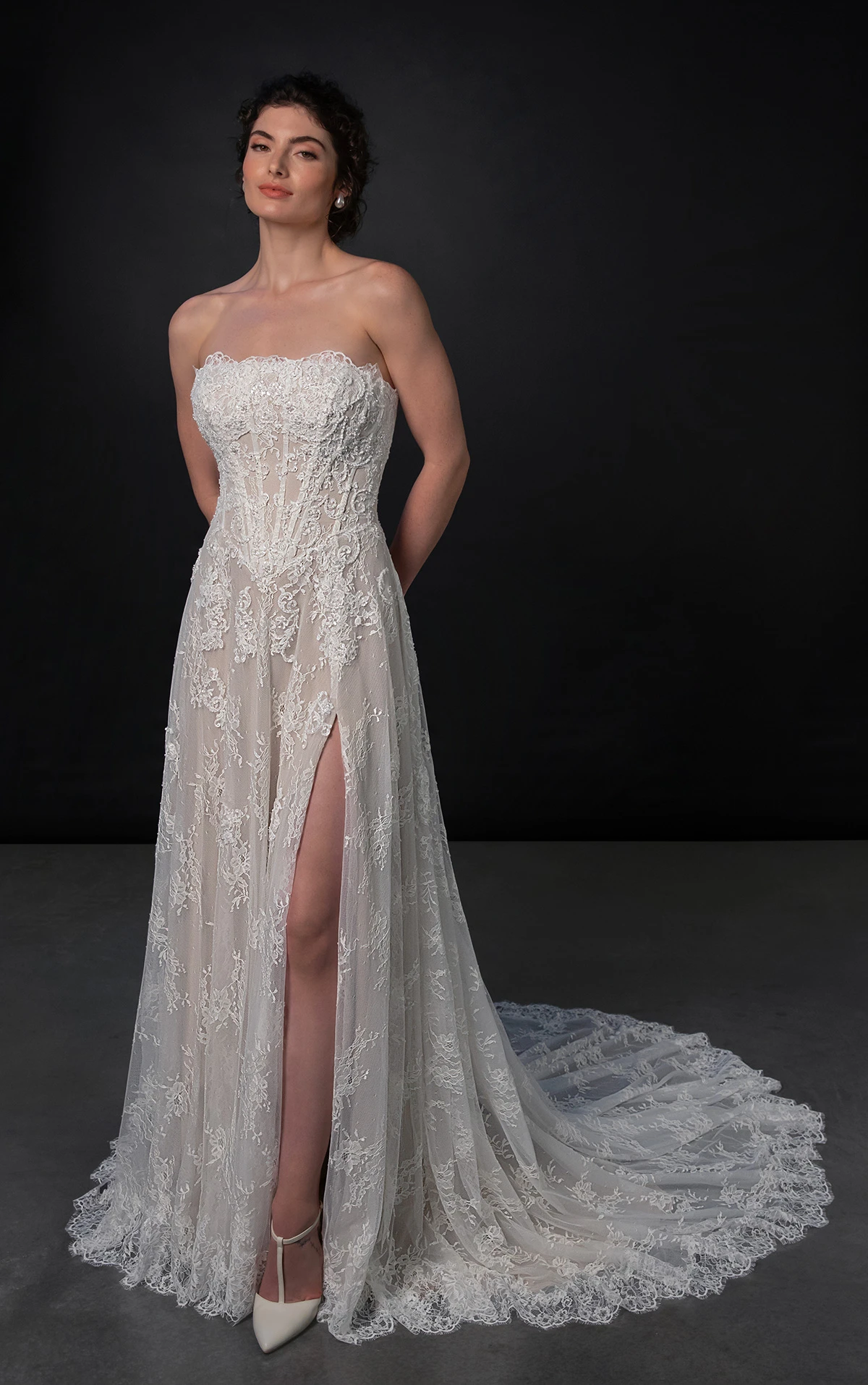 ml1954 Strapless Lace A-Line Wedding Dress with Basque Waist and Detachable Sleeves by Martina Liana