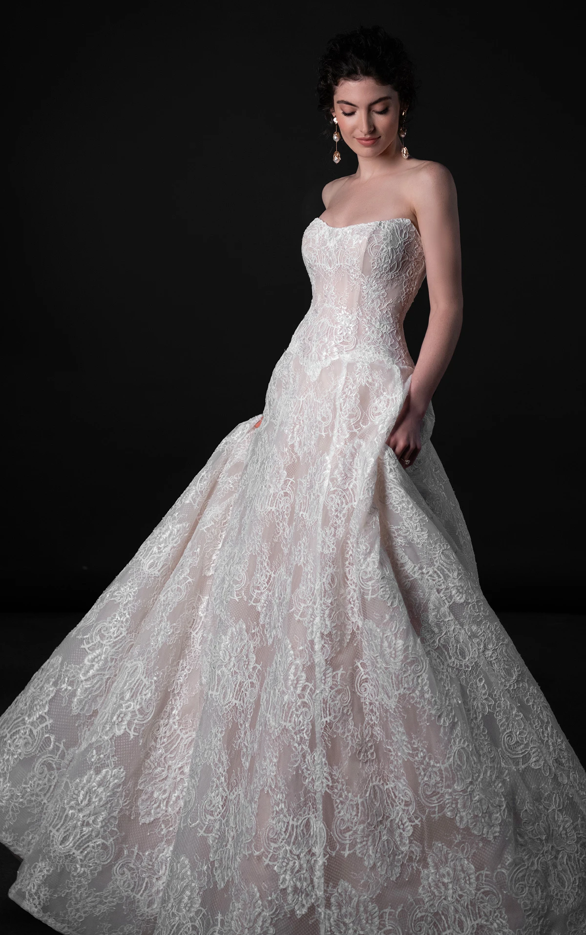 ml1963 Strapless Chantilly Lace A-Line Wedding Dress with Drop Waist by Martina Liana