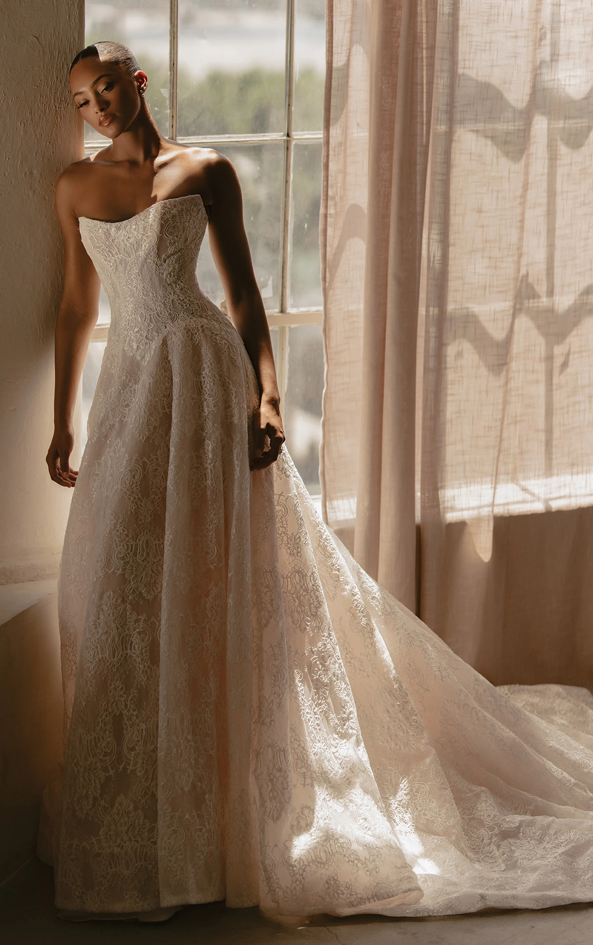 ml1963 Strapless Chantilly Lace A-Line Wedding Dress with Drop Waist by Martina Liana