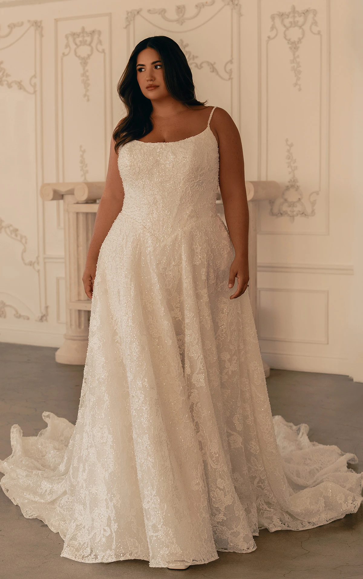 ml1969 Beaded Lace A-Line Wedding Dress with Basque Waist and Spaghetti Straps by Martina Liana