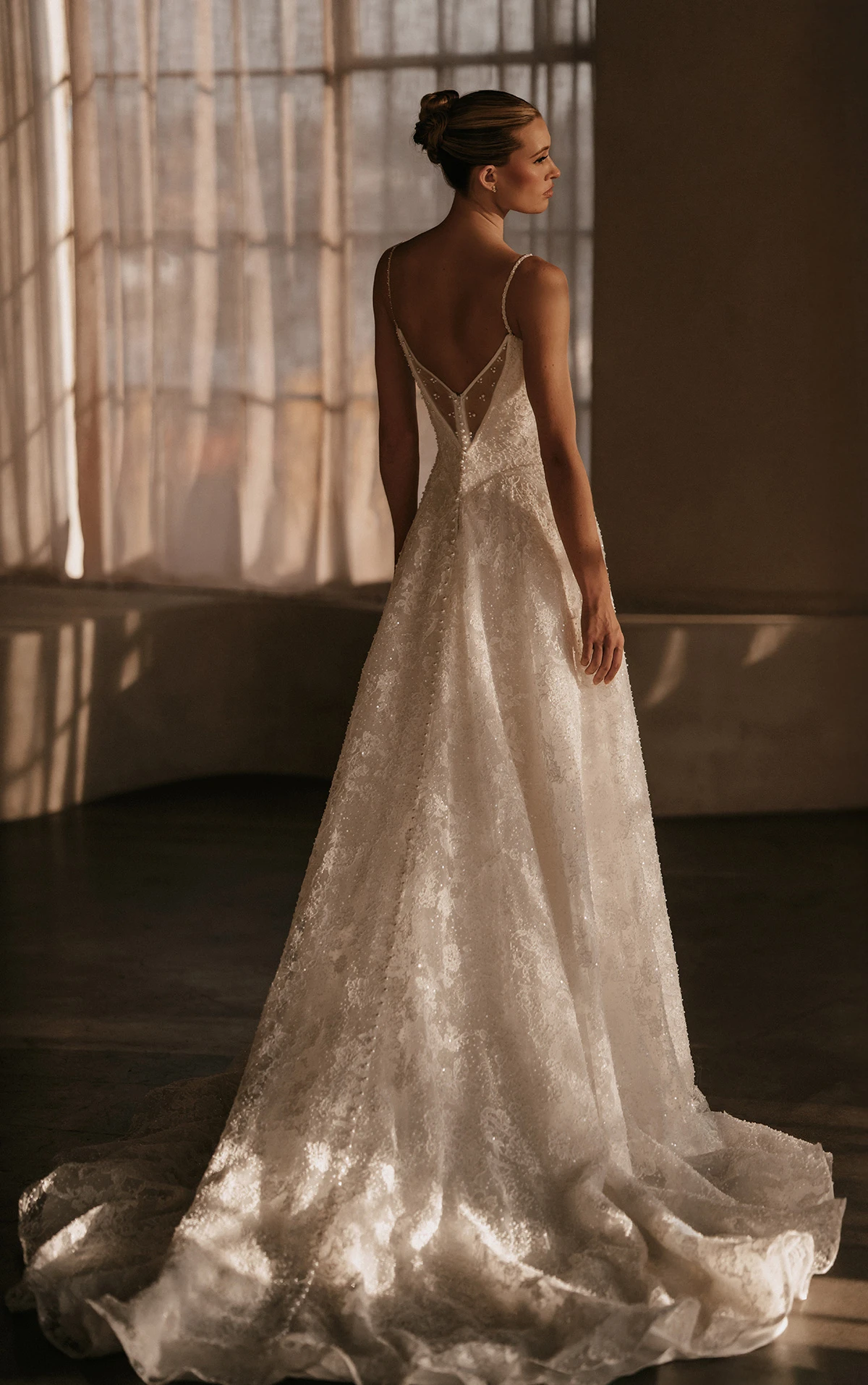 ml1969 Beaded Lace A-Line Wedding Dress with Basque Waist and Spaghetti Straps by Martina Liana