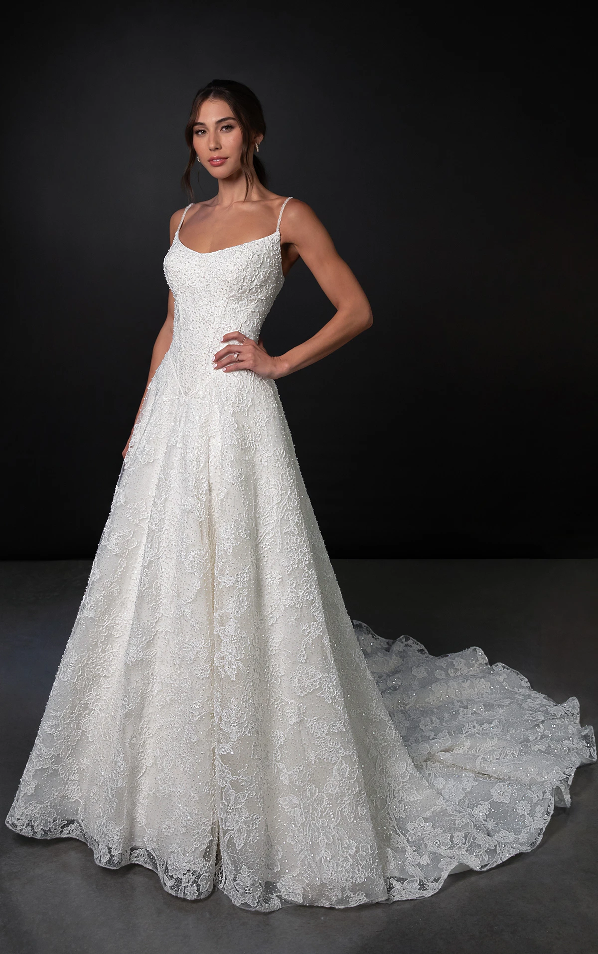 ml1969 Beaded Lace A-Line Wedding Dress with Basque Waist and Spaghetti Straps by Martina Liana