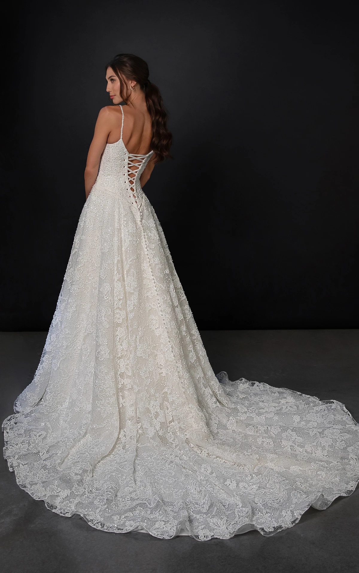 ml1969 Beaded Lace A-Line Wedding Dress with Basque Waist and Spaghetti Straps by Martina Liana
