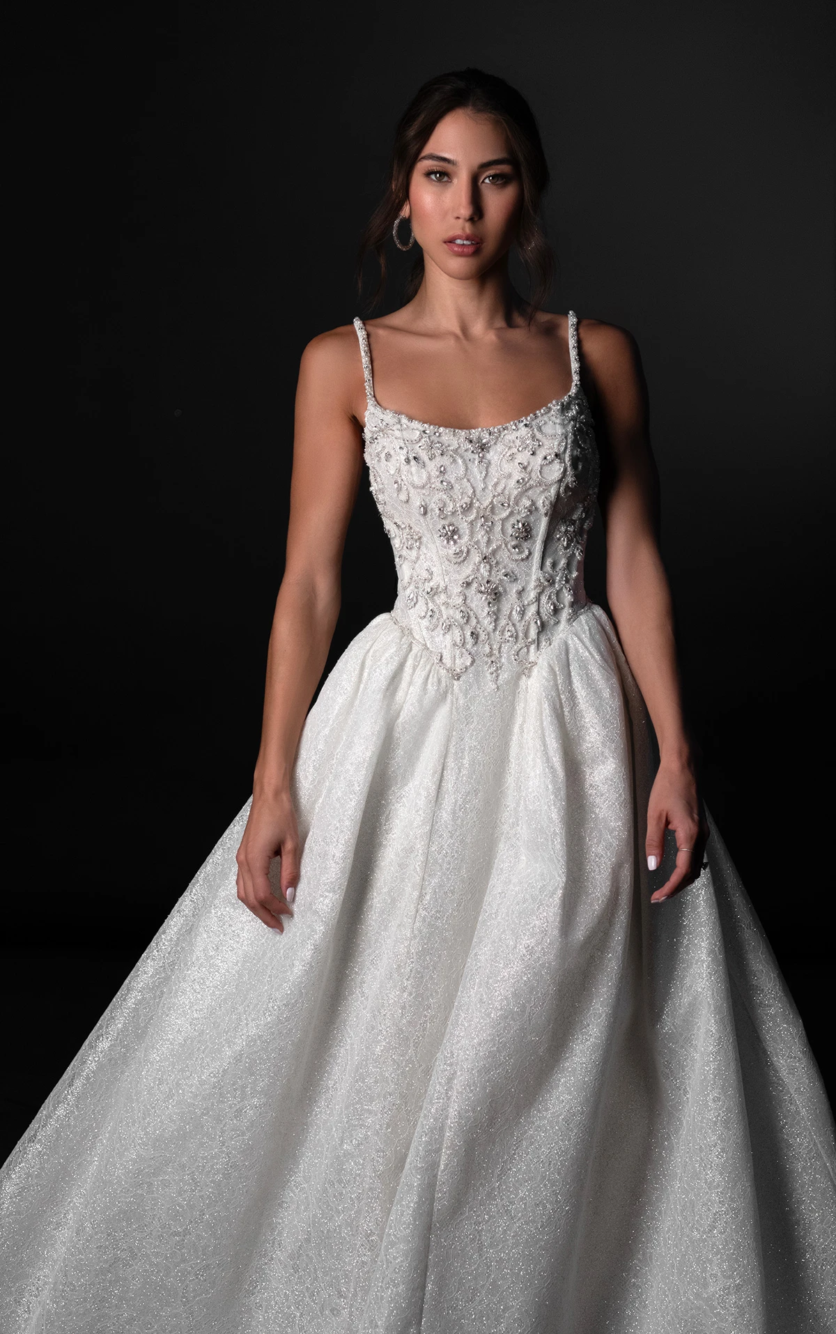 ml1980 Scoop Neck Glitter Ballgown Wedding Dress with Basque Waist and Crystal Appliqués by Martina Liana