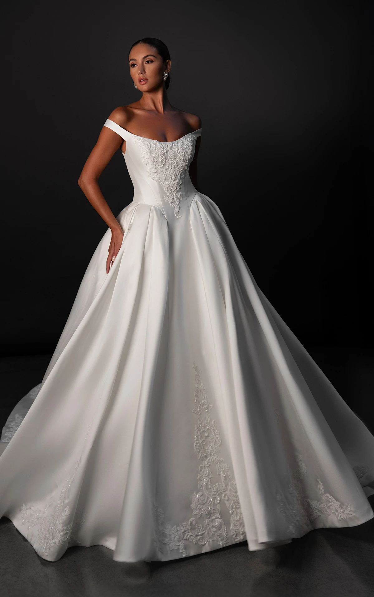 ml1989 Off-the-Shoulder Lace Ballgown Wedding Dress with Tie-Up Back by Martina Liana