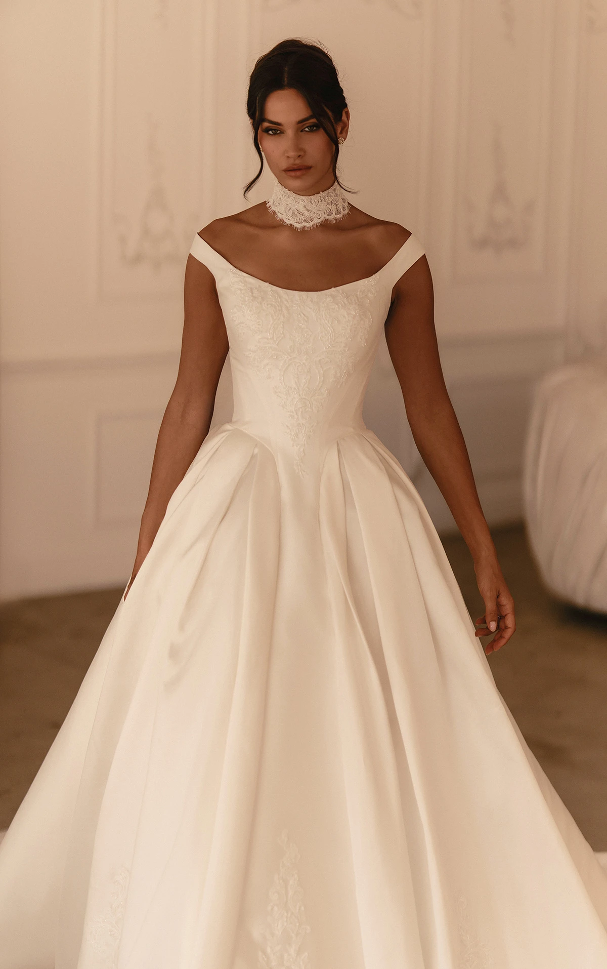 ml1989 Off-the-Shoulder Lace Ballgown Wedding Dress with Tie-Up Back by Martina Liana