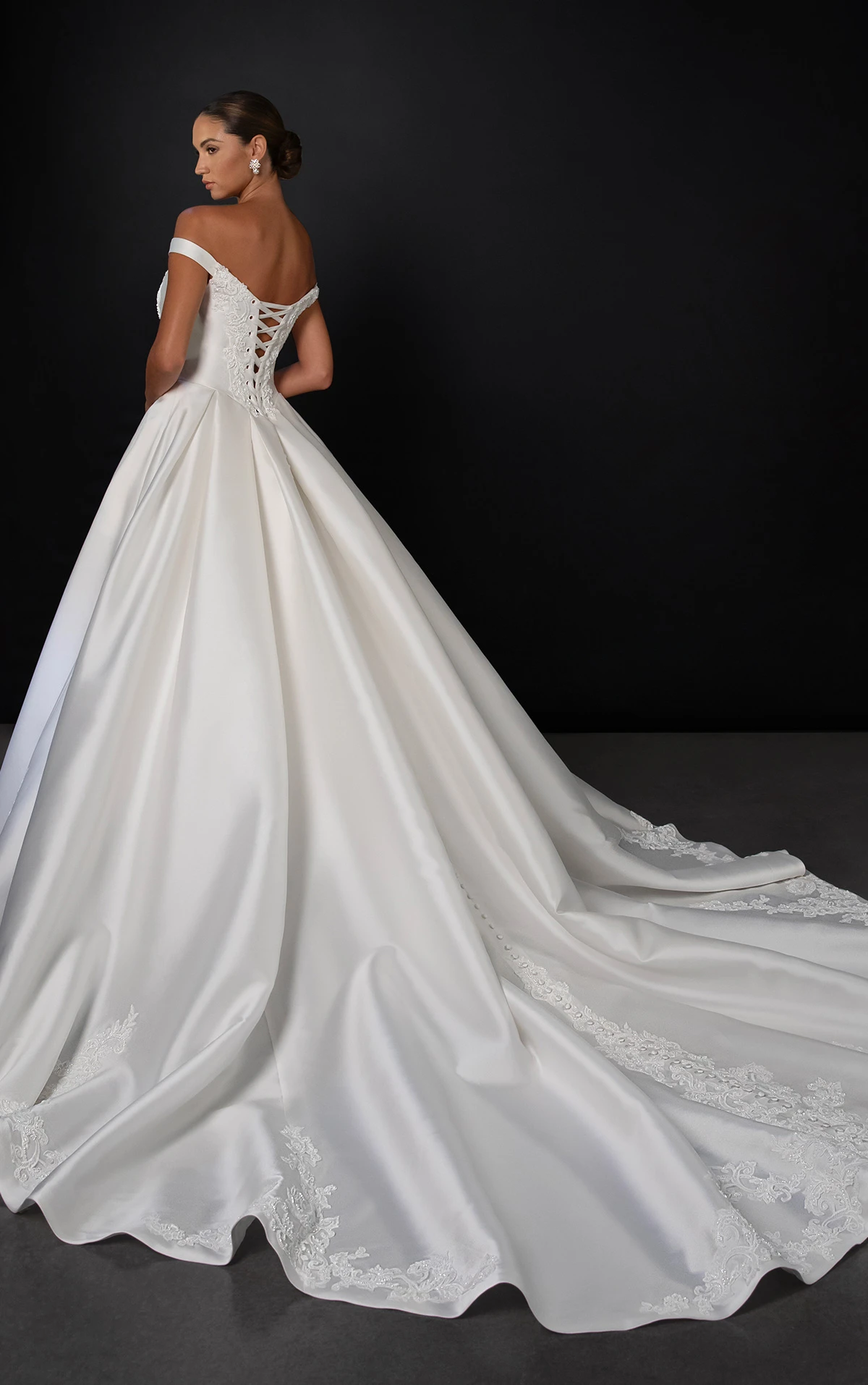 ml1989 Off-the-Shoulder Lace Ballgown Wedding Dress with Tie-Up Back by Martina Liana