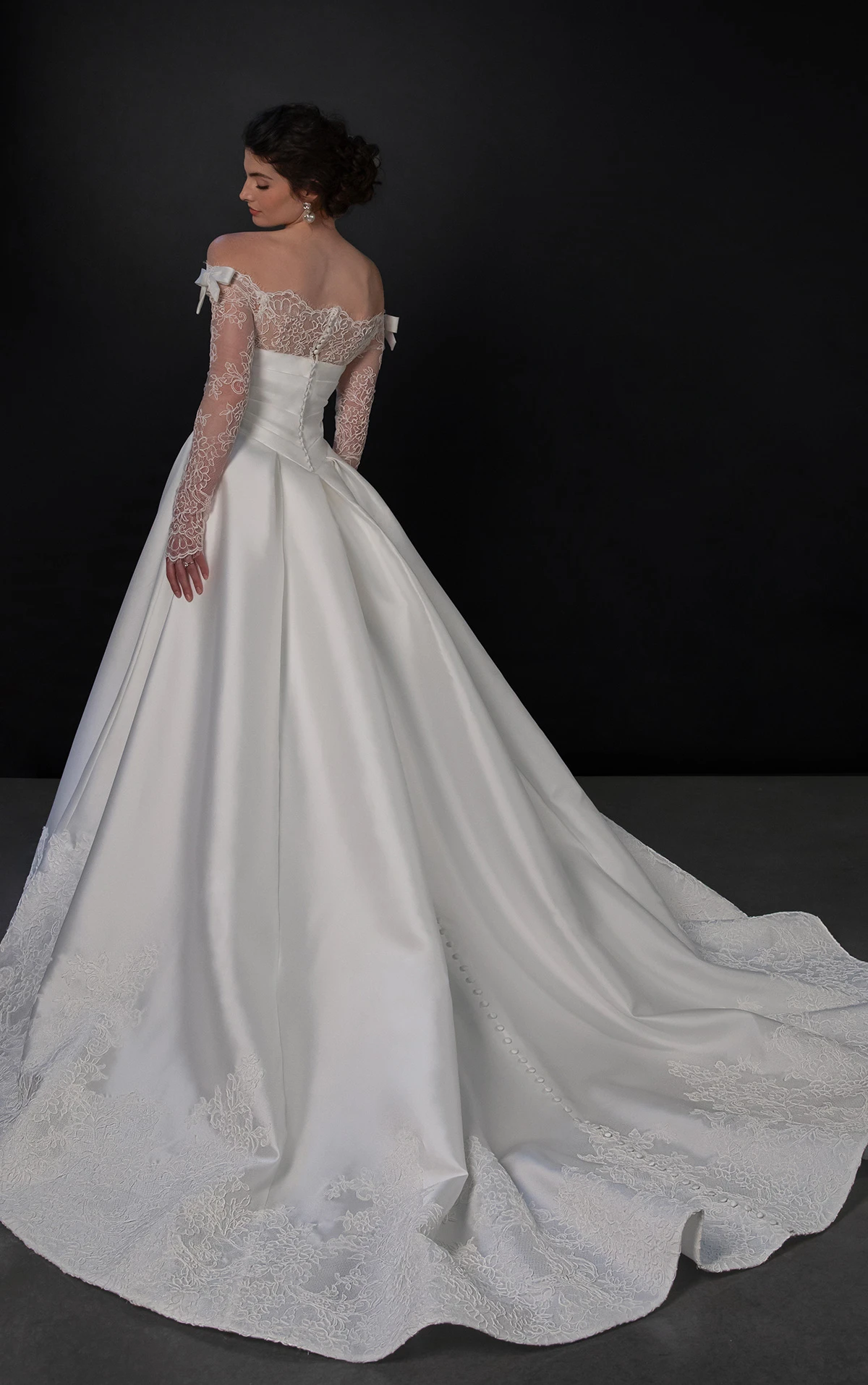 ml1992 Sheer Lace and Silk A-Line Wedding Dress with Off-the-Shoulder Sleeves by Martina Liana