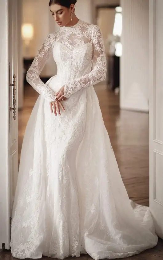High-Neck Lace Fit-and-Flare Wedding Dress with Detachable Overskirt, ML1995, by Martina Liana