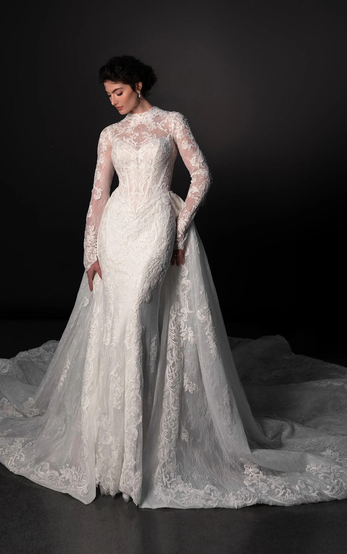 ml1995 High-Neck Lace Fit-and-Flare Wedding Dress with Detachable Overskirt by Martina Liana