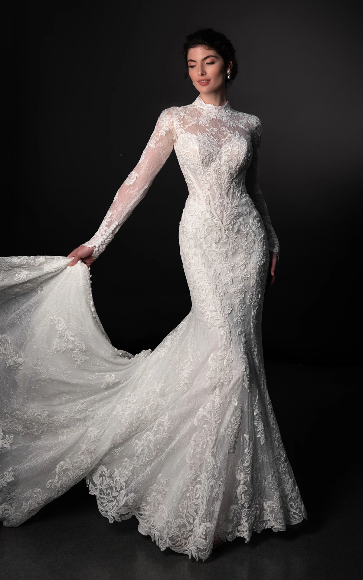 ml1995 High-Neck Lace Fit-and-Flare Wedding Dress with Detachable Overskirt by Martina Liana
