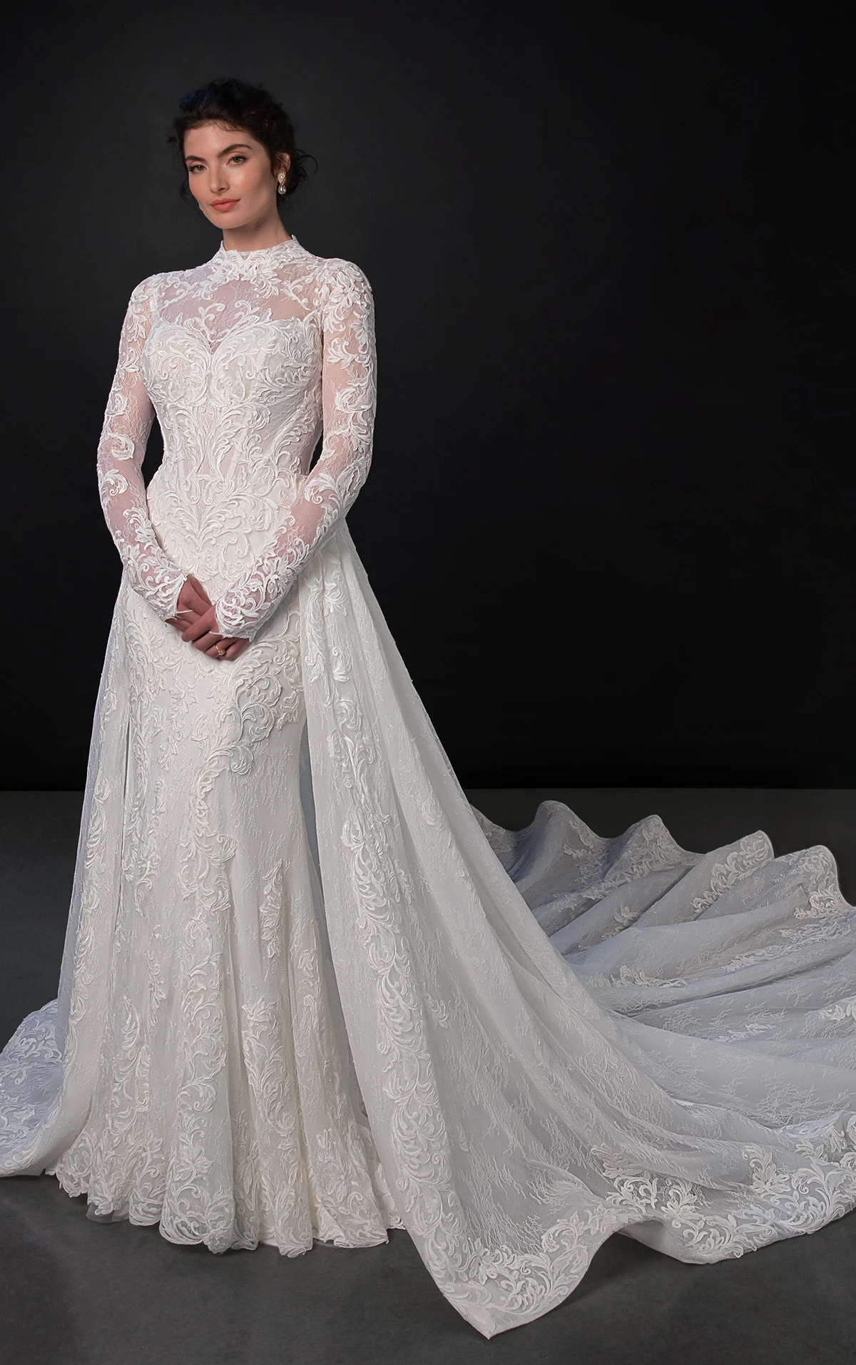 ml1995 High-Neck Lace Fit-and-Flare Wedding Dress with Detachable Overskirt by Martina Liana