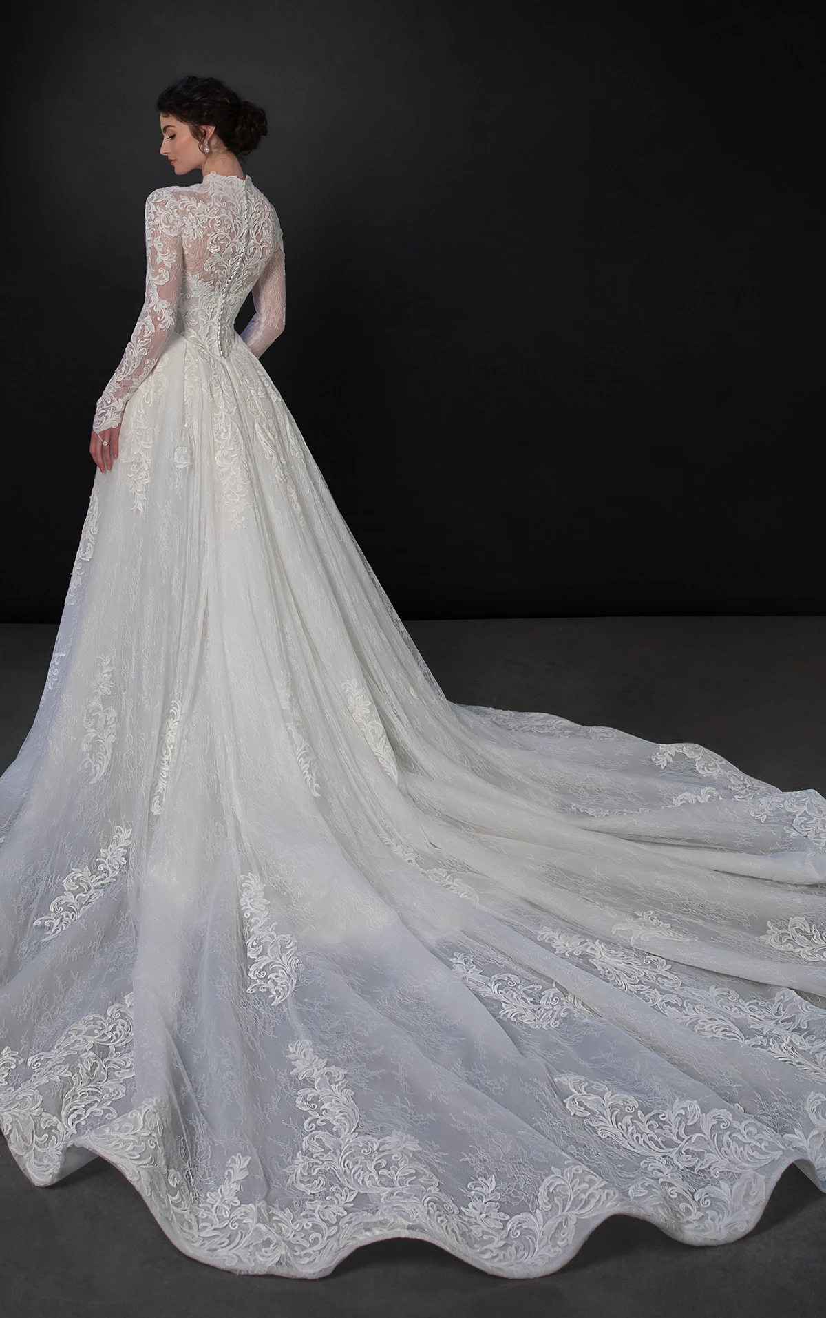 ml1995 High-Neck Lace Fit-and-Flare Wedding Dress with Detachable Overskirt by Martina Liana