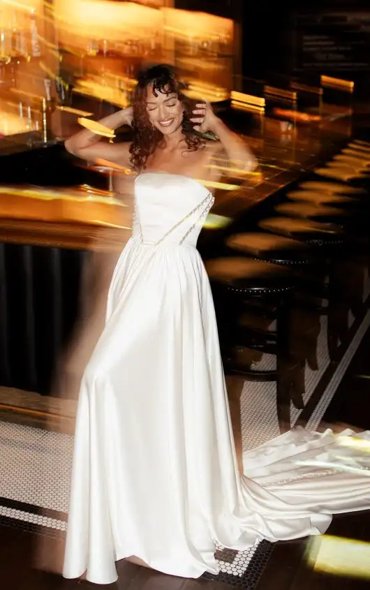 Strapless Satin A-Line Wedding Dress with Pearl Button Back Detail, SHAYLA, by All Who Wander