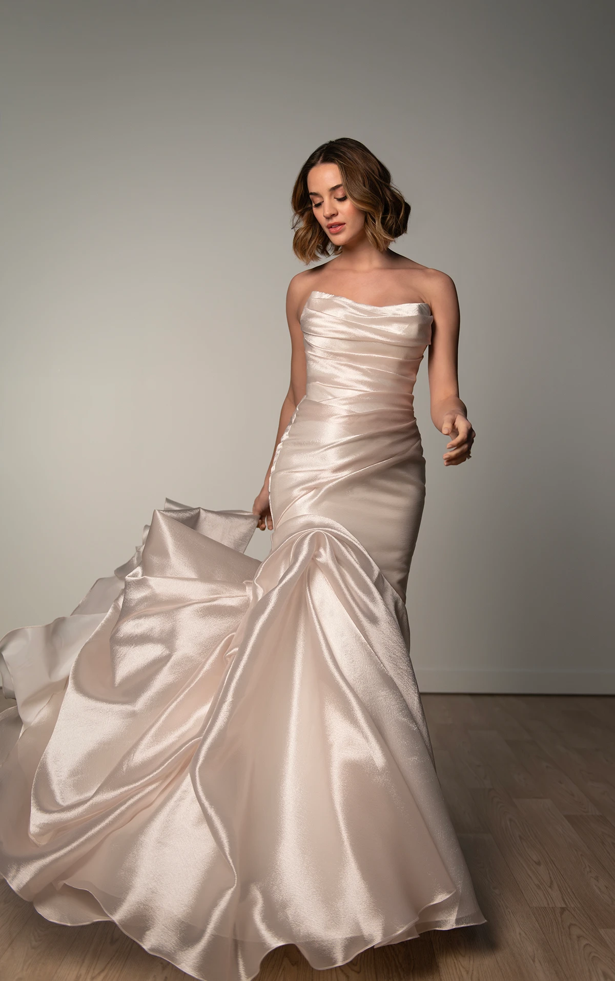 sy8123 Ruched Fit-and-Flare Wedding Dress with Cat-Eye Neckline by Stella York