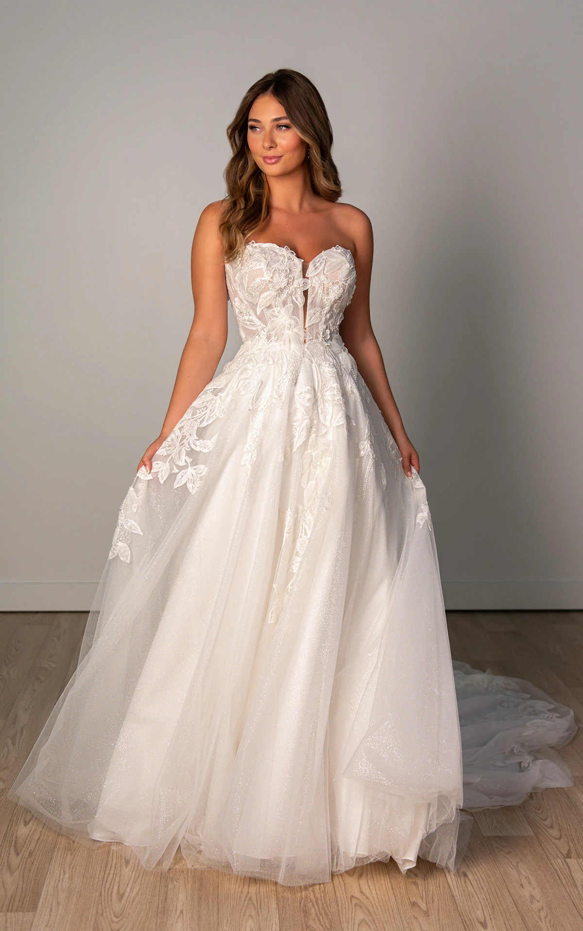 sy8166 Strapless A-Line Wedding Dress with Plunging Neckline and 3D Floral Lace by Stella York