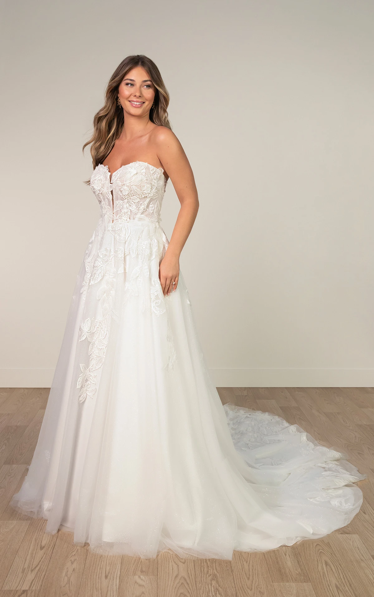 sy8166 Strapless A-Line Wedding Dress with Plunging Neckline and 3D Floral Lace by Stella York