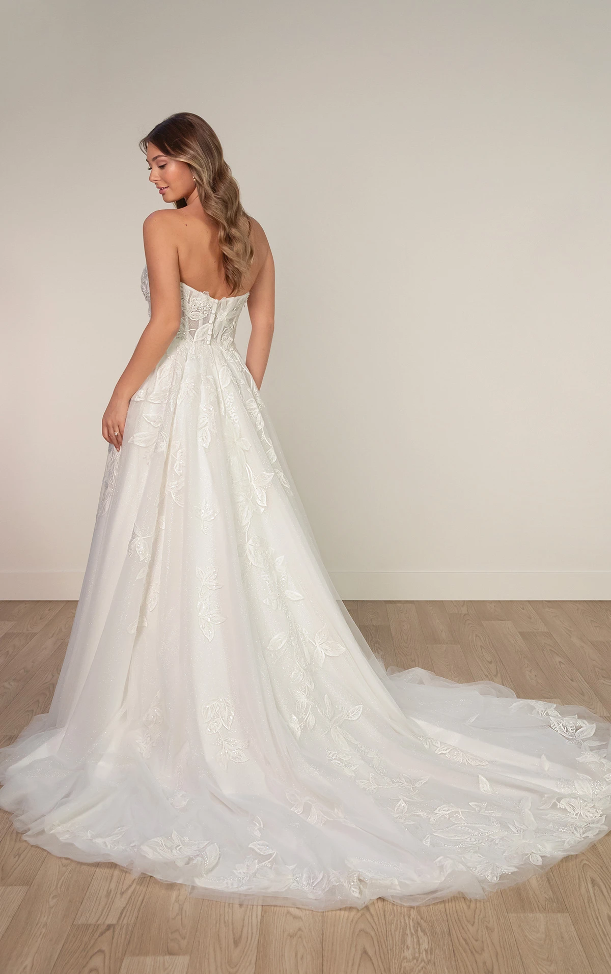 sy8166 Strapless A-Line Wedding Dress with Plunging Neckline and 3D Floral Lace by Stella York