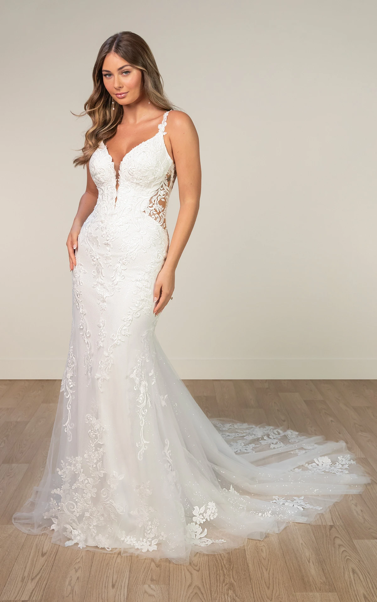 sy8168 Fit-and-Flare Wedding Dress with Plunging Neckline and Lace Appliqués by Stella York