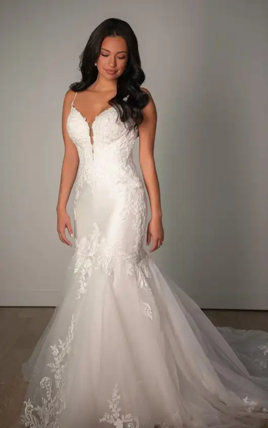 Modern Satin Trumpet Wedding Dress with Plunging Neckline, SY8172, by Stella York