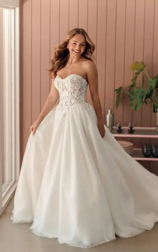 Strapless Ballgown Wedding Dress with Sheer Bodice and Cutout Lace Appliqués, SY8181, by Stella York