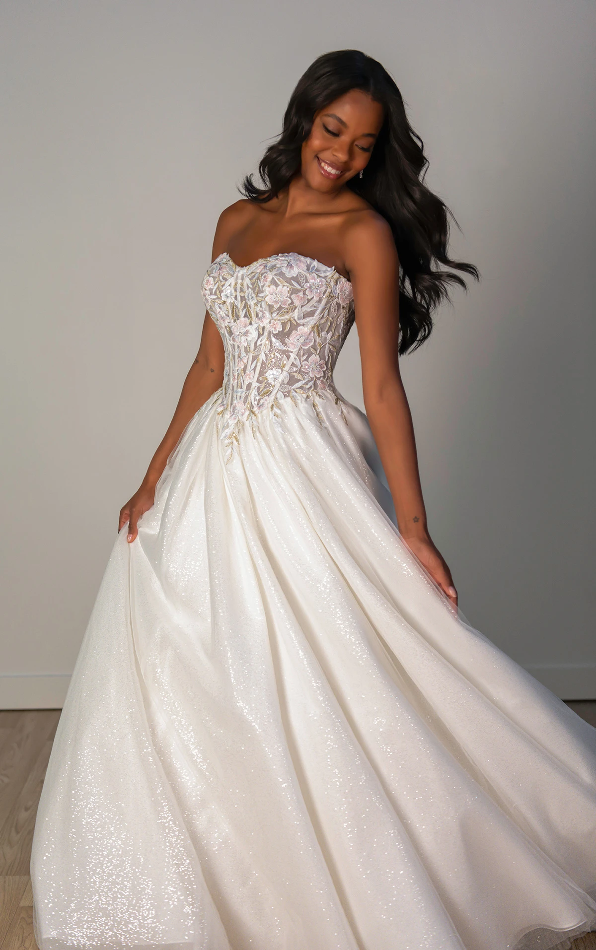 sy8181 Strapless Ballgown Wedding Dress with Sheer Bodice and Cutout Lace Appliqués by Stella York