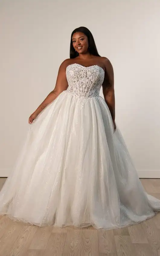 Strapless Plus Size Ballgown Wedding Dress with Sheer Bodice and Cutout Lace Appliqués, SY8181+, by Stella York