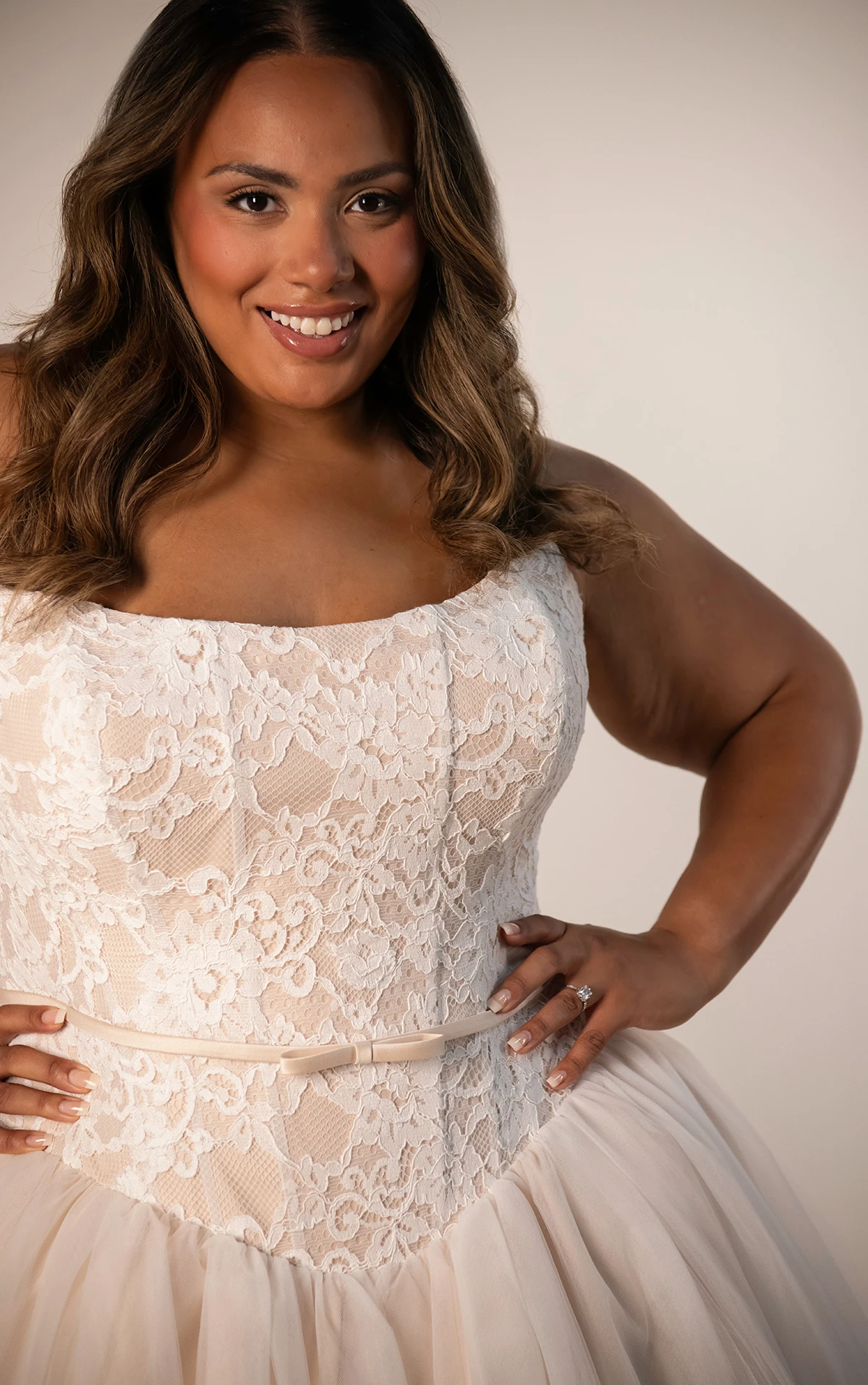 sy8189+ Plus Size Strapless Lace Ballgown Wedding Dress with Detachable Satin Bow by Stella York