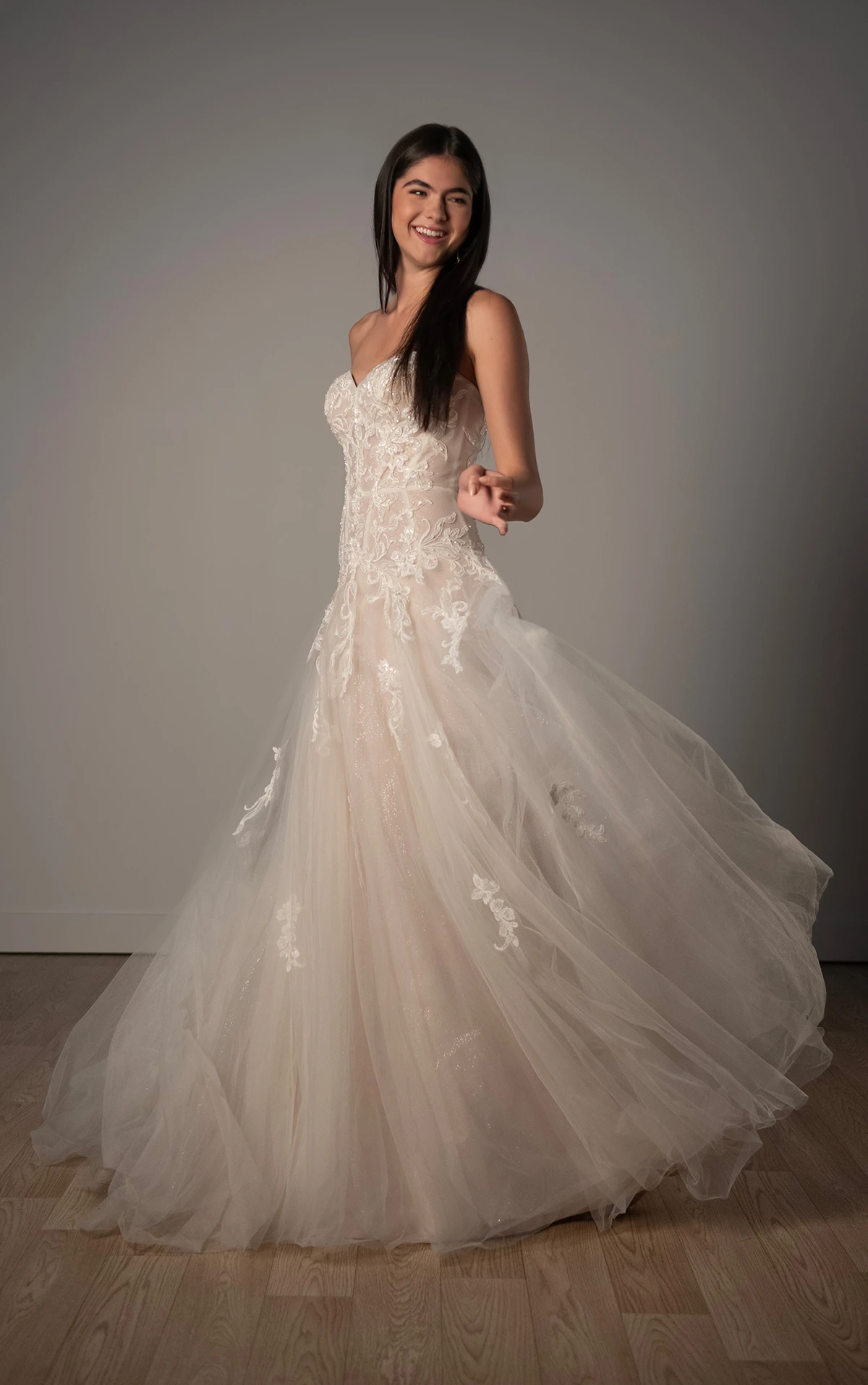 sy8205 Strapless Glitter Tulle Drop Waist Wedding dress with Scrolling Sequin Lace by Stella York