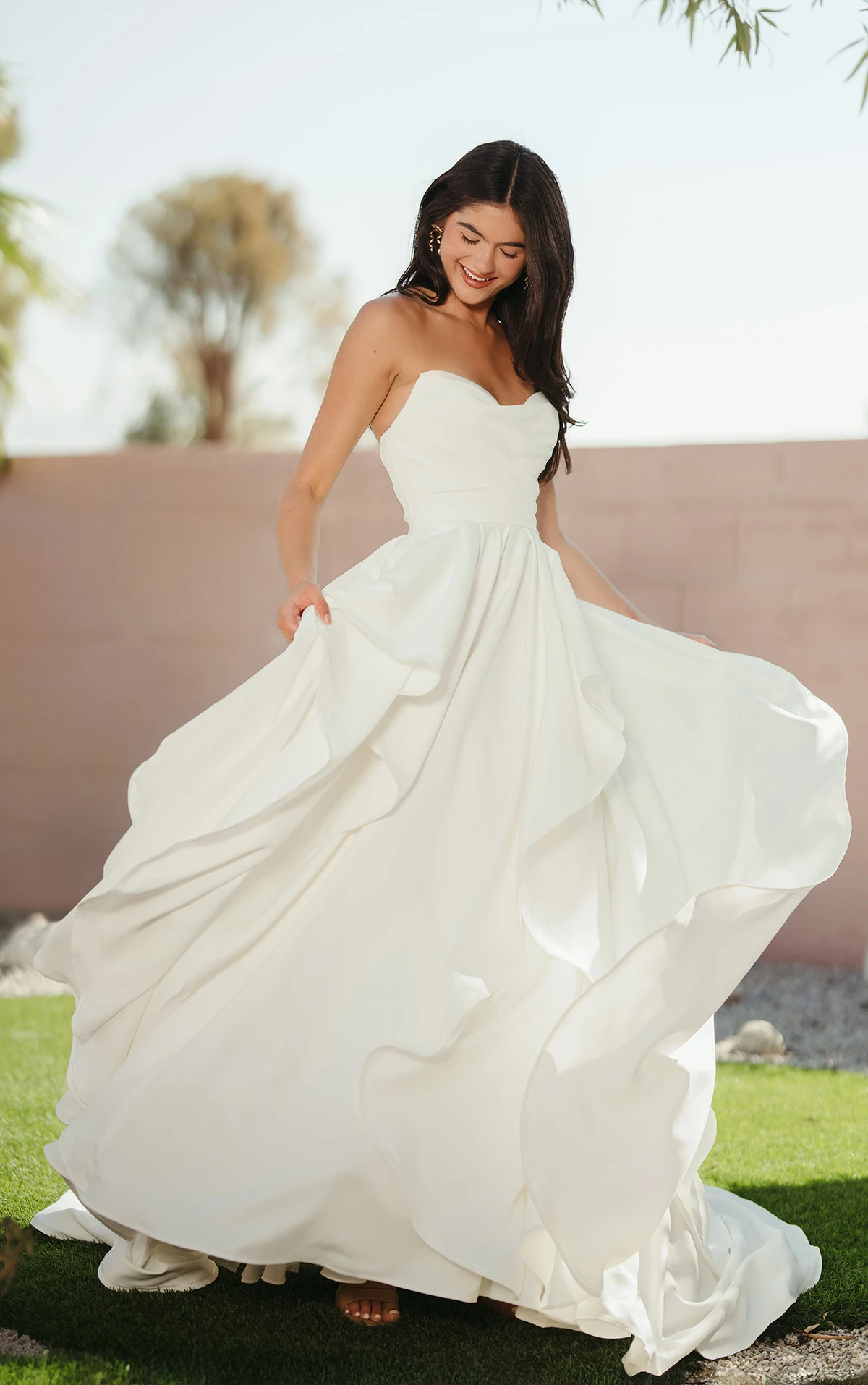 sy8212 Strapless Satin A-Line Wedding Dress with Ruffle Pick-Ups by Stella York