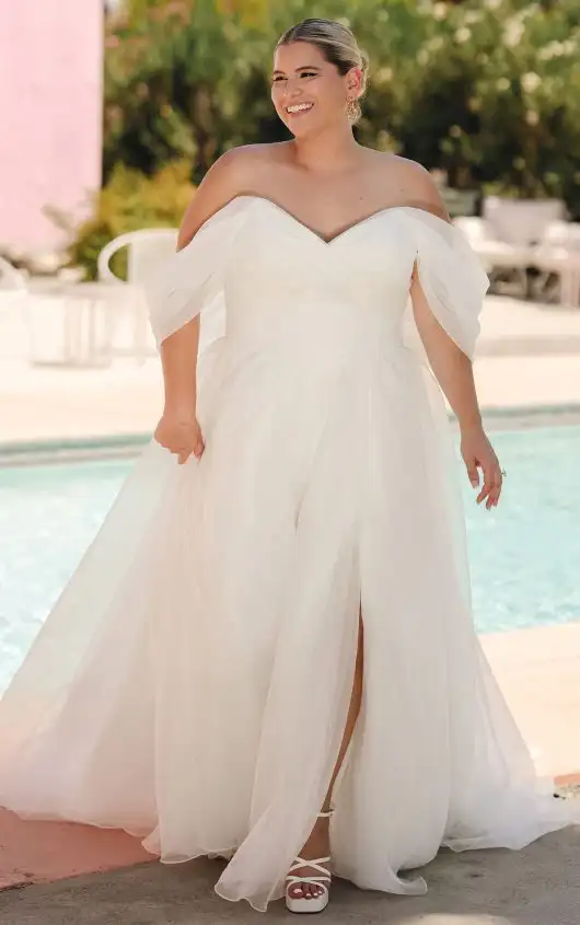Plus Size Printed Organza Off-the-Shoulder Wedding Dress with Basque Waist, SY8215+, by Stella York