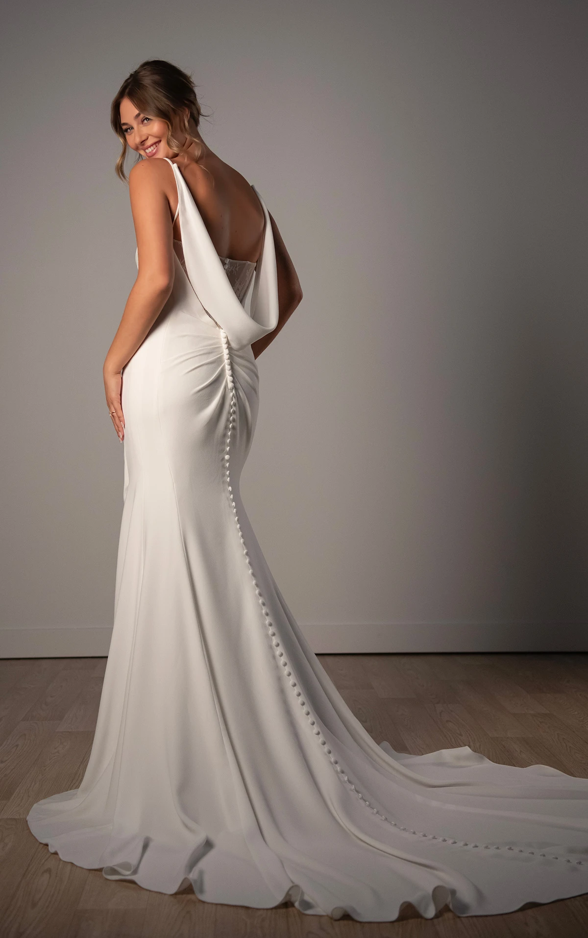 sy8224 Sheath Wedding Dress with Spaghetti Straps and Detachable Cowl by Stella York