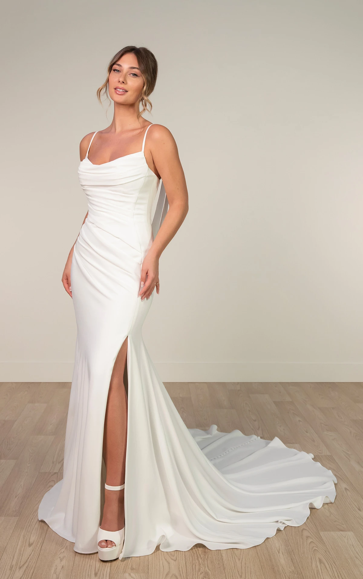 sy8224 Sheath Wedding Dress with Spaghetti Straps and Detachable Cowl by Stella York