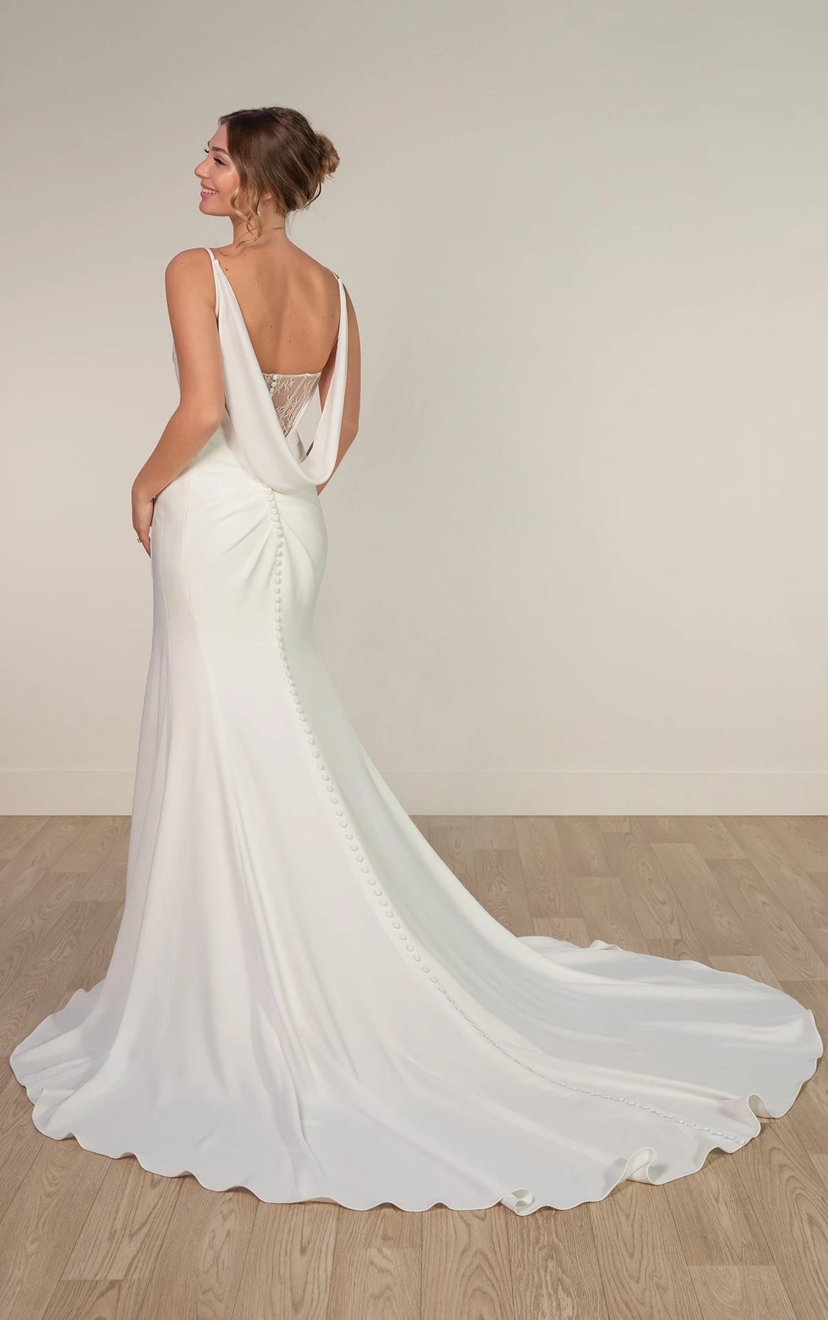sy8224 Sheath Wedding Dress with Spaghetti Straps and Detachable Cowl by Stella York