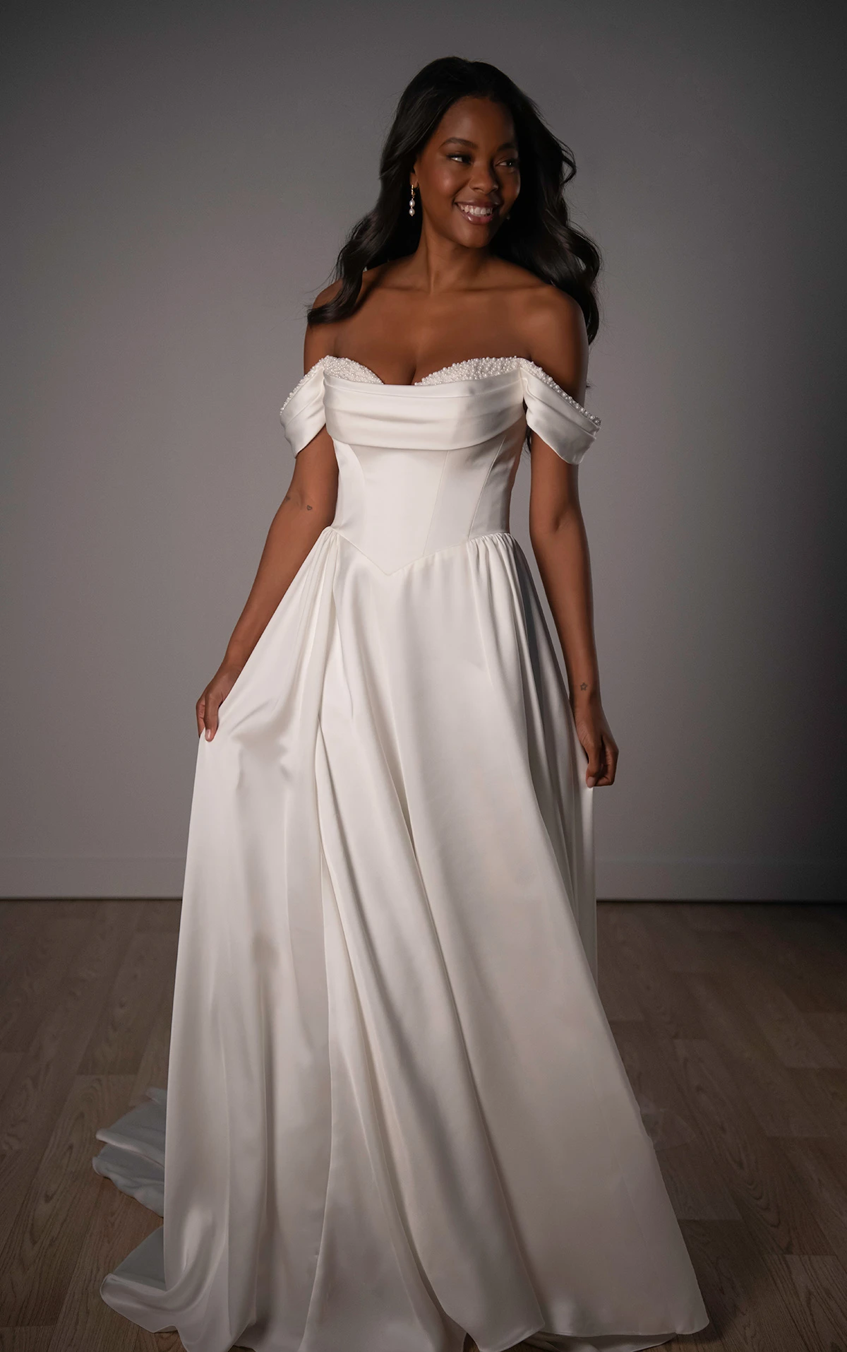 sy8236 Satin A-Line Wedding Dress with Pearl Sweetheart Neckline by Stella York