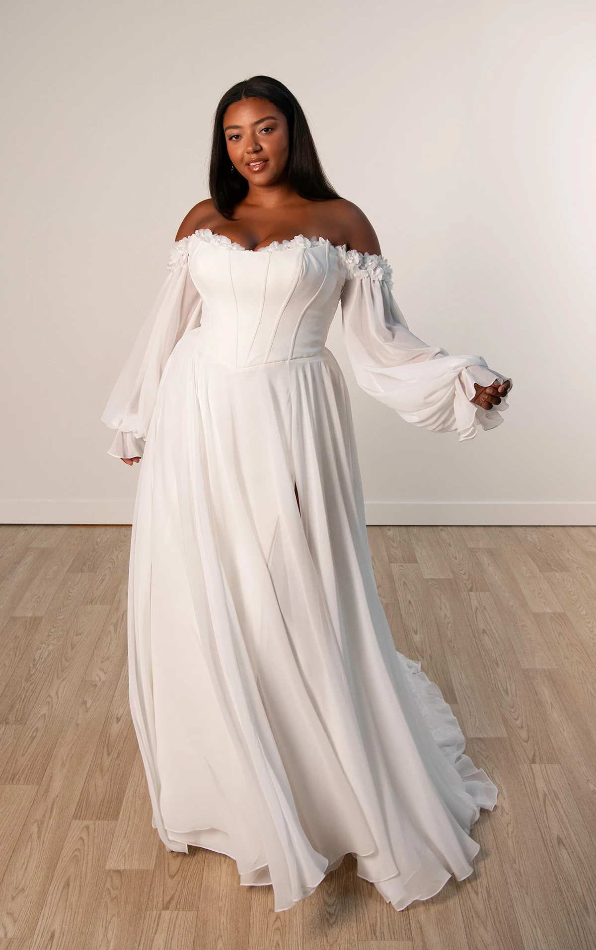 sy8244+ A-Line Plus Size Wedding Dress with 3D Floral Appliqués by Stella York