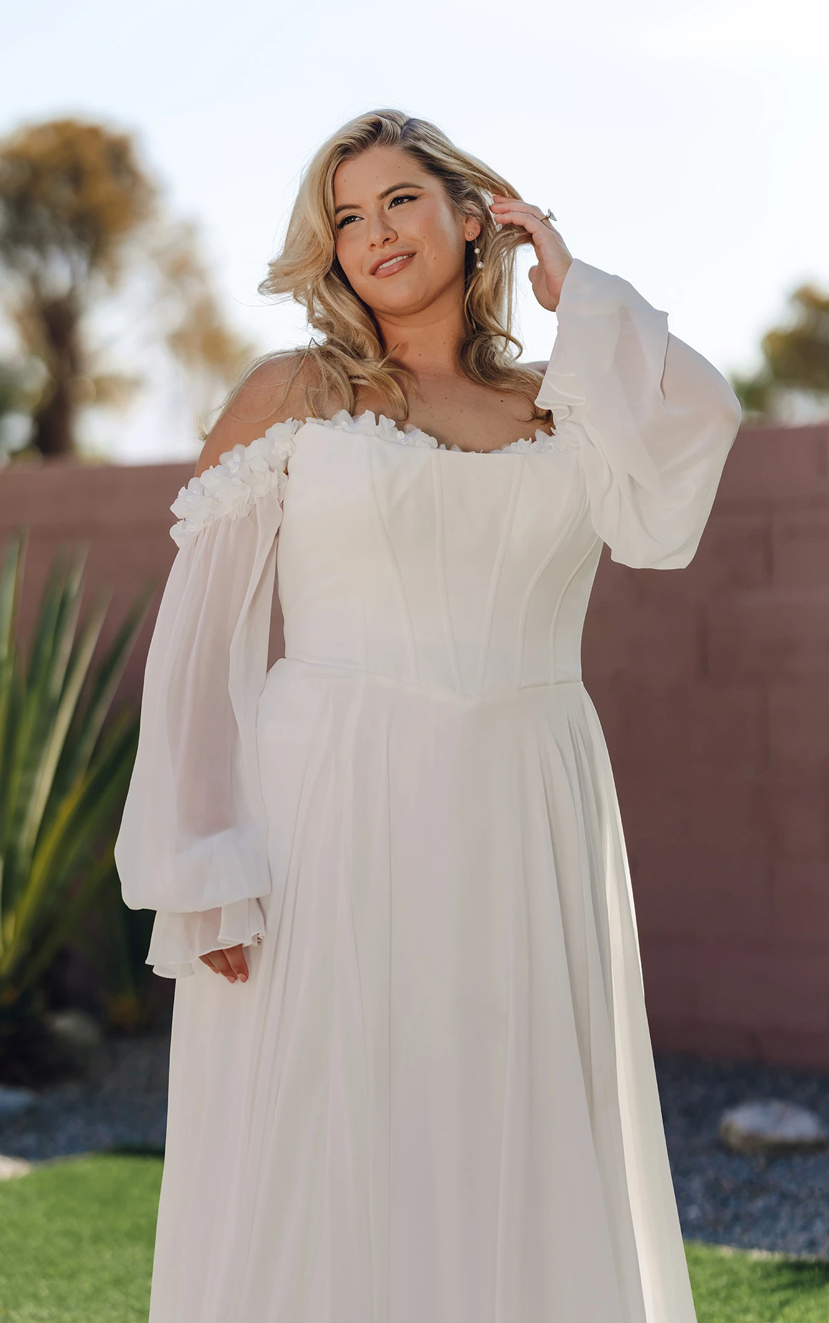 sy8244+ A-Line Plus Size Wedding Dress with 3D Floral Appliqués by Stella York