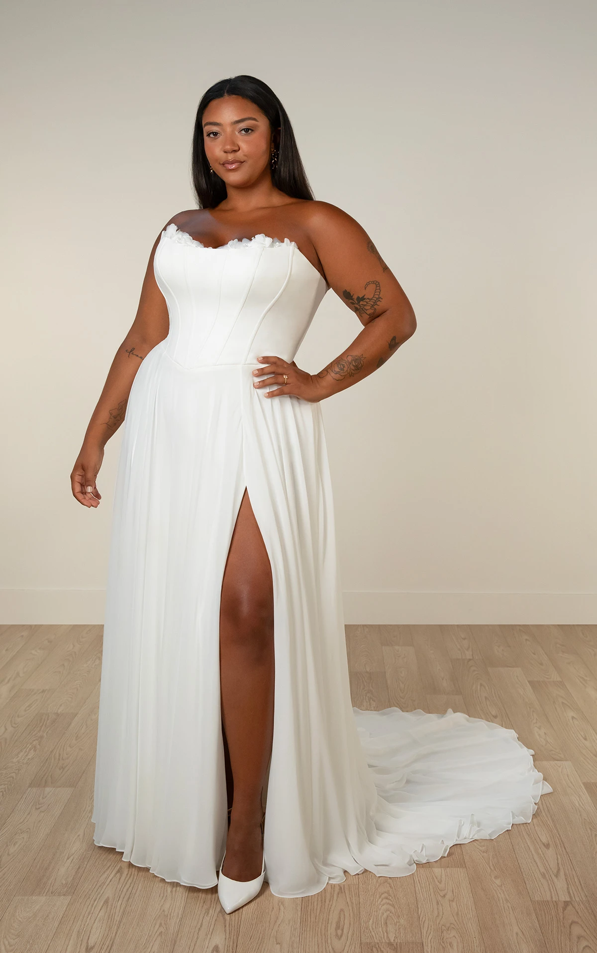 sy8244+ A-Line Plus Size Wedding Dress with 3D Floral Appliqués by Stella York