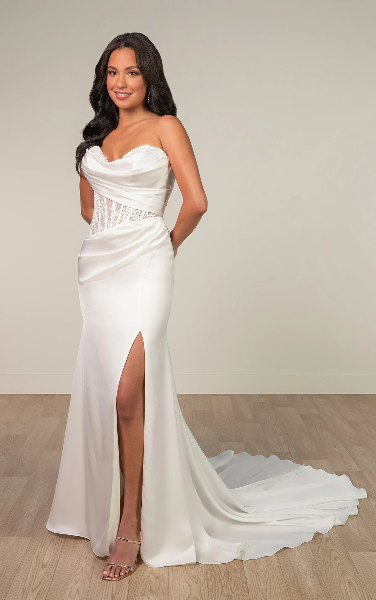 sy8248 Strapless Satin Column Wedding Dress with Asymmetrical Peekaboo Lace Corset by Stella York